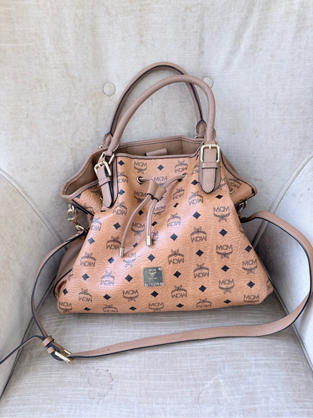 MCM Cognac Visetos Drawstring Crossbody Bag